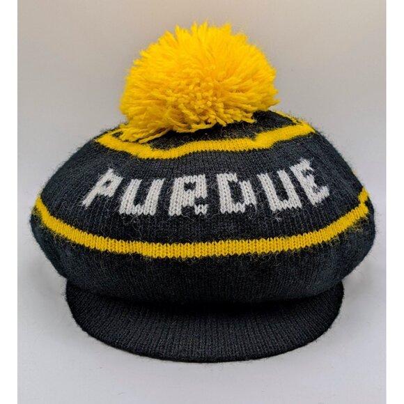 VTG Purdue Boilermakers Tam Knit Hat Brim Pom Pom Puff Black Yellow Indiana NCAA - Picture 2 of 5